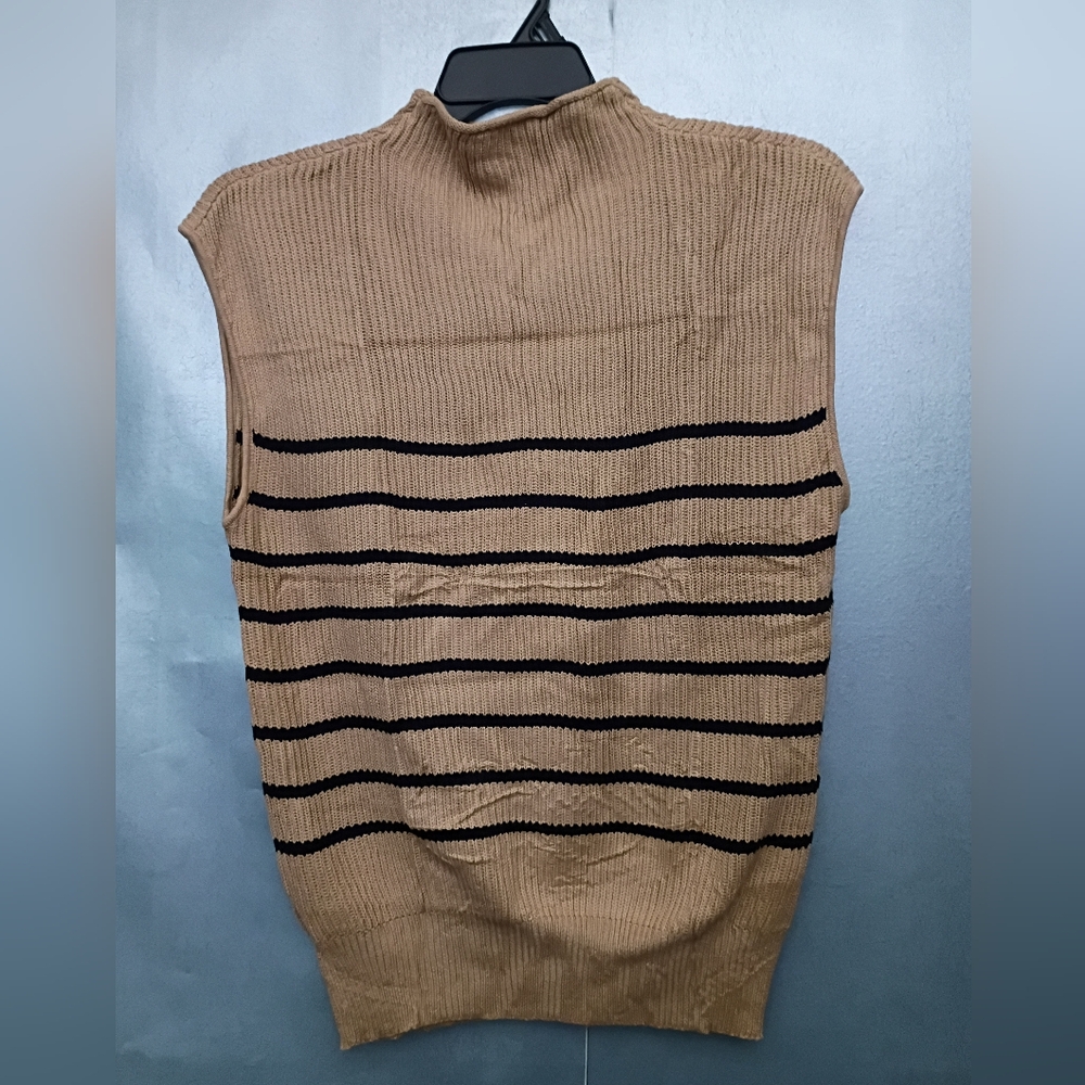Women's Tan and Black Striped Turtleneck Sweater